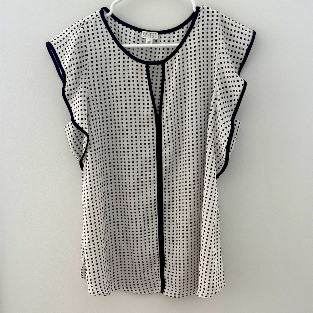 Spense Brand Capulet Black-Trimmed White Polka Dot Blouse Size L
